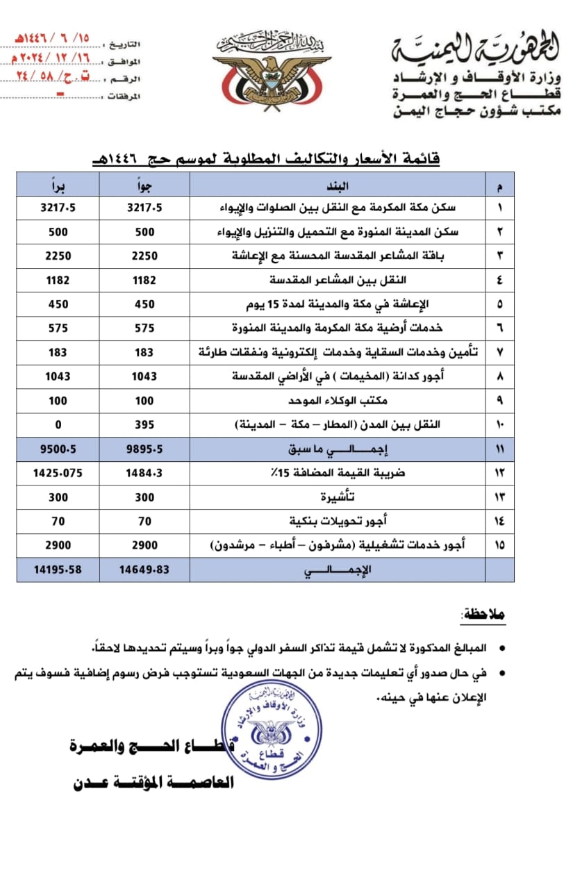 عدن.. وزارة الأوقاف والإرشاد تعلن قائمة أسعار وتكاليف الحج للموسم 1446هـ (وثيقة)