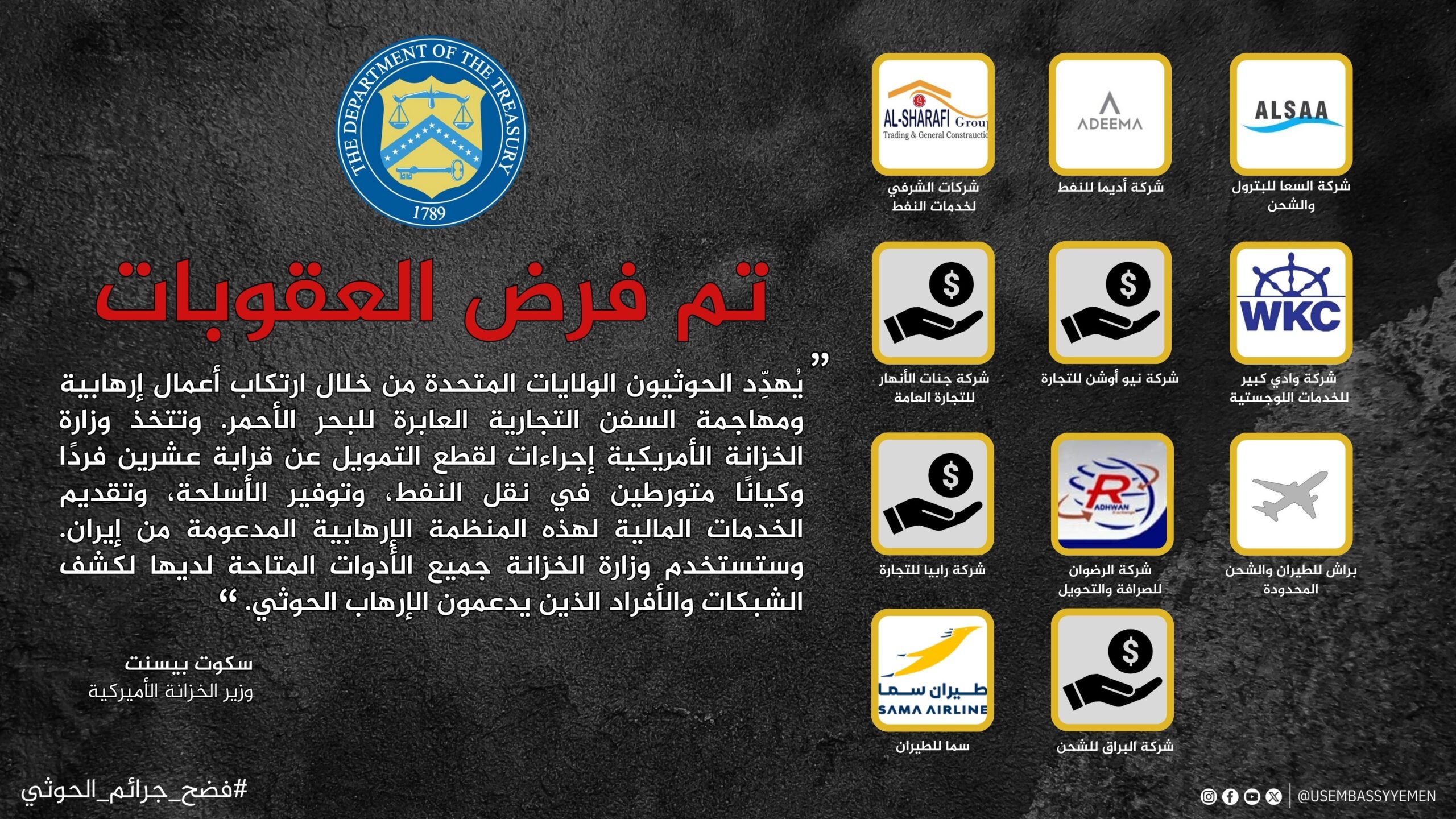الخزانة الأمريكية تفرض عقوبات على شبكات نفط وسلاح تمول الحوثيين